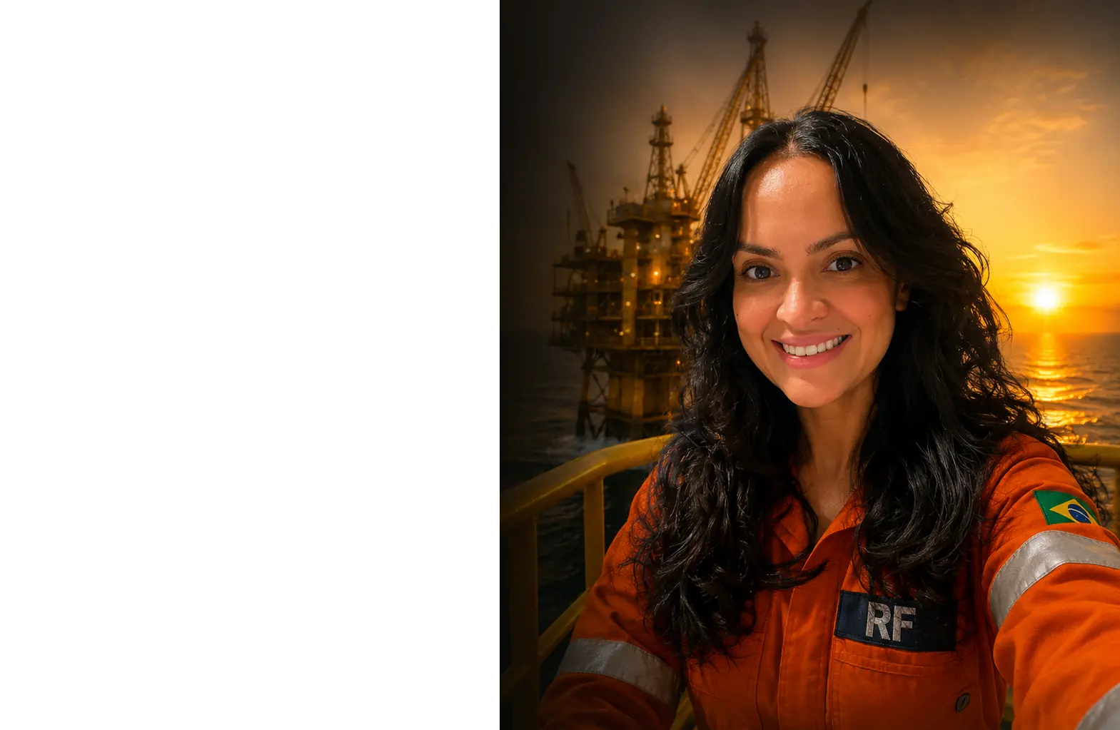 Nutricionista sorrindo em plataforma offshore ao pôr do sol